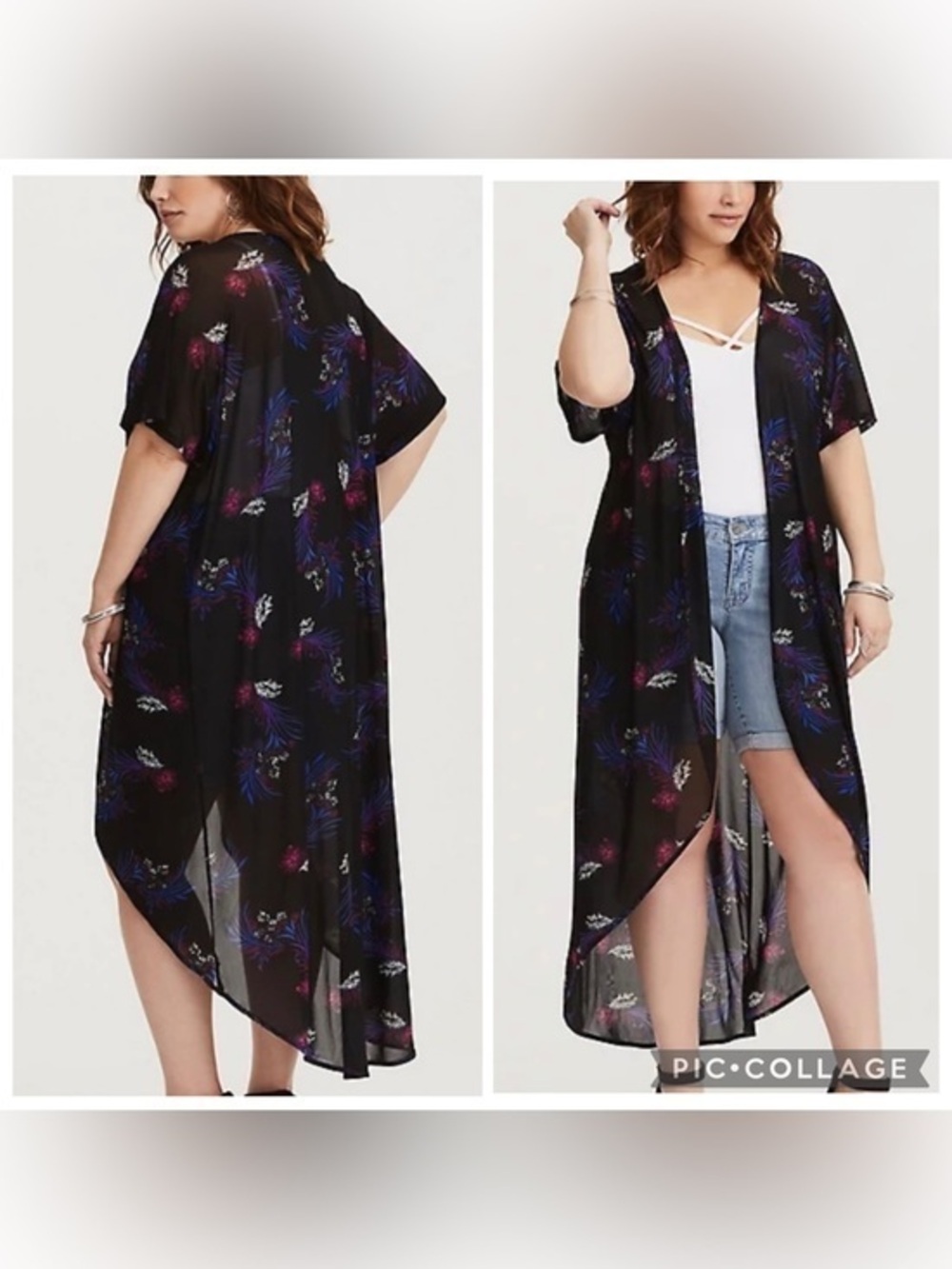 Torrid Black Sheer Floral Duster Kimono - Purple & Pink Print size 1/2